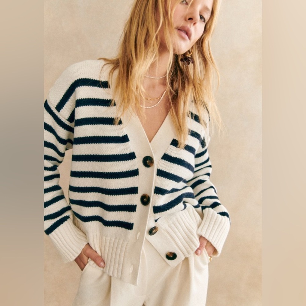 SÉZANE Wool Cotton Blend “Wilson” Cardigan | Ecru/Navy Stripes - Picture 2 of 13